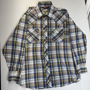 Chute #1 Western Shirt Men's XL Blue‎ Orange Yellow Plaid Pearl Snap Vintage